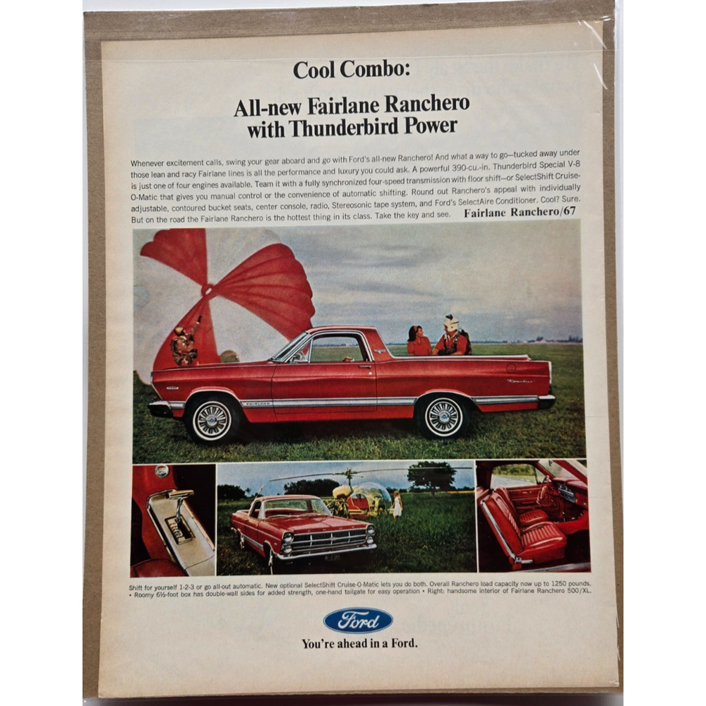 Ford Fairlane Ranchero Vintage Print Ad from 1967 Life Magazine